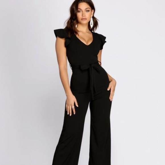 Windsor Pants - Jumpsuit black ruffle sleeve wide leg
